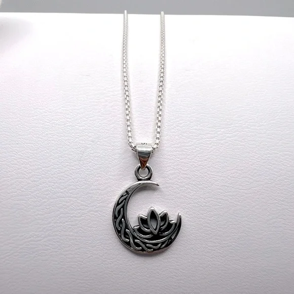 .925 Sterling Silver Moon and Lotus Flower Necklace - Picture 6 of 16